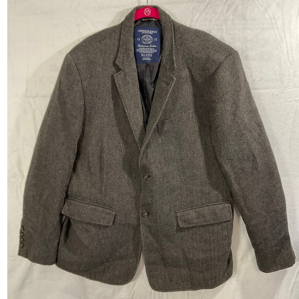 American Eagle Blazer Mens XL Grey Herringbone Wool Blend Two Button Sport Coat
